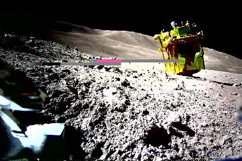 (FILES) This handout photo released on January 25, 2024 from the Japan Aerospace Exploration Agency (JAXA) and credited to JAXA, Takara Tomy, Sony Group Corporation and Doshisha University shows an image of the lunar surface taken and transmitted by LEV-2 "SORA-Q" the transformable lunar surface robot "SORA-Q" (operation verification model), installed on the private company's lunar module for the Smart Lander for Investigating Moon (SLIM) mission, after landing on the Moon on January 20. - Japan's Moon lander has come back to life, the space agency said on January 29, 2024, enabling the craft to proceed with its mission of investigating the lunar surface despite its rocky start. (Photo by Handout / various sources / AFP) / -----EDITORS NOTE --- RESTRICTED TO EDITORIAL USE - MANDATORY CREDIT "AFP PHOTO / JAXA/ TAKARA TOMY / SONY GROUP CORPORATION / DOSHISHA UNIVERSITY" - NO MARKETING - NO ADVERTISING CAMPAIGNS - DISTRIBUTED AS A SERVICE TO CLIENTS