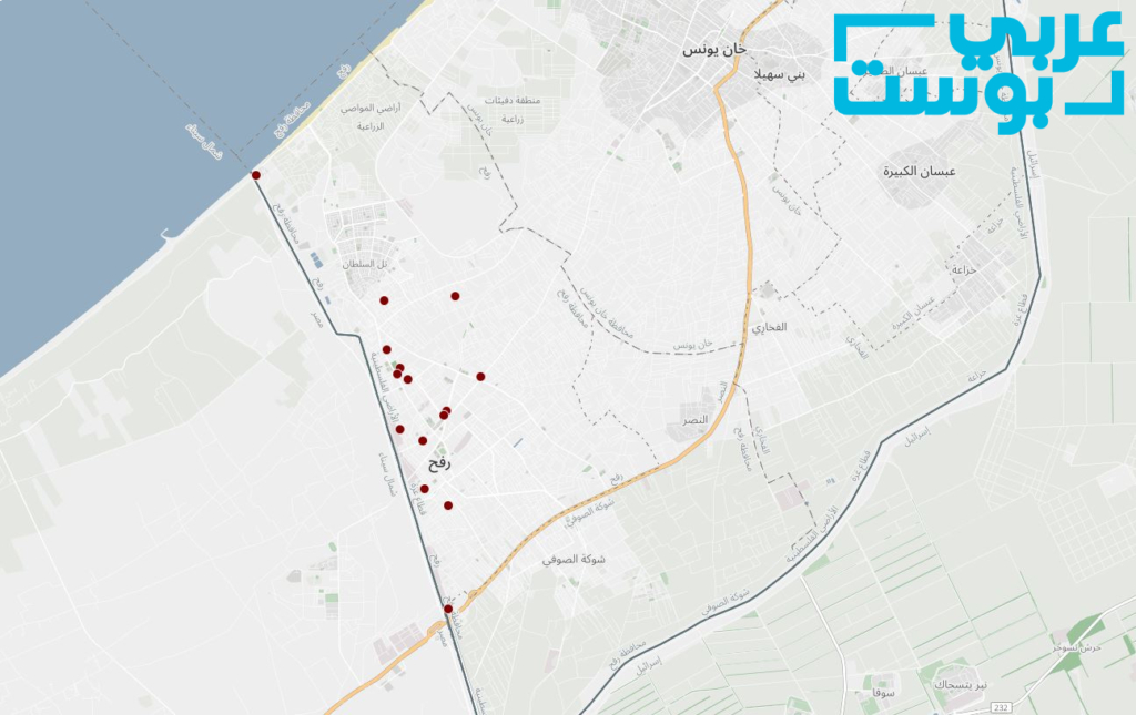 القصف يدنو من الحدود.. بالخرائط “” يوثّق استهداف الاحتلال 14 منطقة في رفح قرب الأراضي المصرية