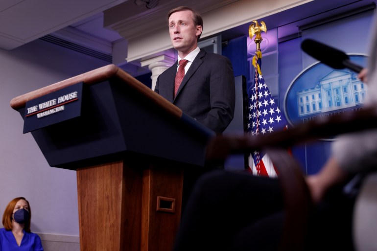 White House National Security Advisor Jake Sullivan delivers remarks during a press briefing at the White House in Washington, U.S., March 12, 2021. REUTERS/Tom Brenner