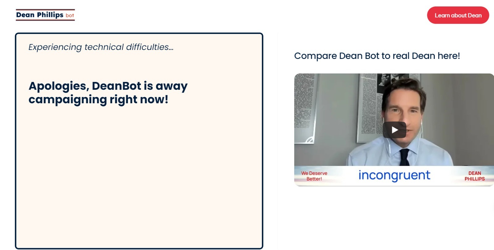 روبوت Dean Bot الذكي يحاكي المرشح الرئاسي الأميركي دين فيليبس بعد تعطيله من جانب مطورته Delphi  - Dean.Bot