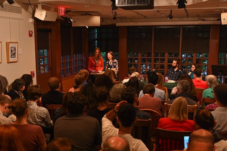 The World as Palestine: Poetry across languages, translations, and the diasporas at the Kelly Writers House last night! A poetry reading in English, French, and Arabic with poets Ahmad Almallah and Olivia Elias, they’re translators Huda Fakhreddine and Sarah Riggs, and a full house of poetry lovers! المصدر: @palestinewrites عبر الانستجرام