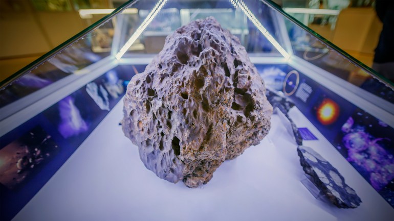 CHELYABINSK, RUSSIA - September 24, 2019: Chelyabinsk meteorite weighing more than 500 kg, which fell in Lake Chebarkul on February 15, 2013. Chelyabinsk region, Russia.