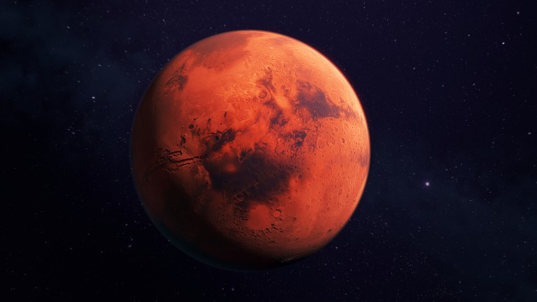Mars, a vörös bolygó, 3d renderelés részletes felületi jellemzőkkel, légkörrel és sötét háttérrel, nagy felbontással, nagy telítettséggel