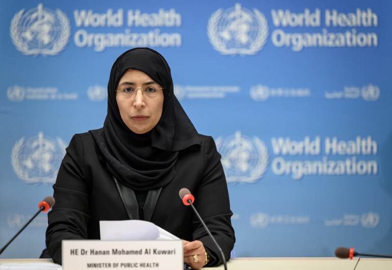 Qatar's Public Health Minister Hanan Mohamed Al Kuwari delivers a speech during the launch of a multiyear partnership on making FIFA Football World Cup 2022 and mega sporting events healthy and safe at the WHO headquarters, in Geneva, Switzerland, October 18, 2021. Fabrice Coffrini/Pool via REUTERS