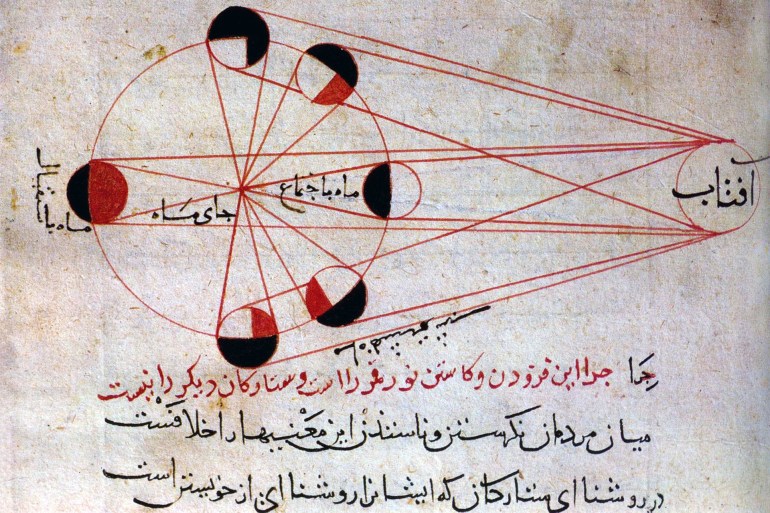 المصدر: Seyyed Hossein Nasr (1976) Islamic Science مراحل أطوار القمر خلال الشهر وفق أبو الريحان البيروني Lunar_eclipse_al-Biruni. Illustration of different phases of the moon, from manuscript of the Kitab al-Tafhim by Al-Biruni (973-1048). This work is in the public domain in its country of origin and other countries and areas where the copyright term is the author's life plus 100 years or fewer.