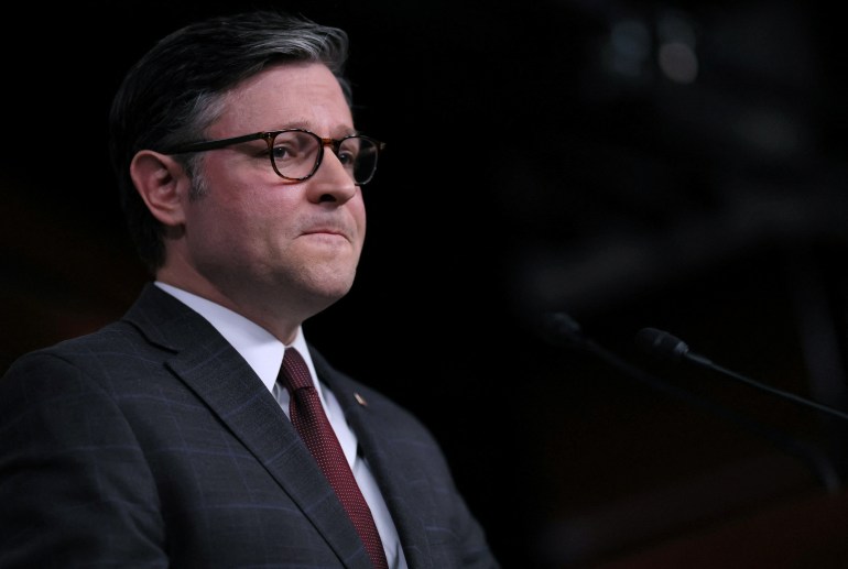 U.S. House Speaker Mike Johnson (R-LA) takes questions during a press conference also featuring House Majority Whip Tom Emmer (R-MN), U.S. Rep. Michelle Fischbach (R-MN) and U.S. Rep. Ashley Hinson (R-IA) at the U.S. Capitol building in Washington, U.S., January 17, 2024. REUTERS/Leah Millis