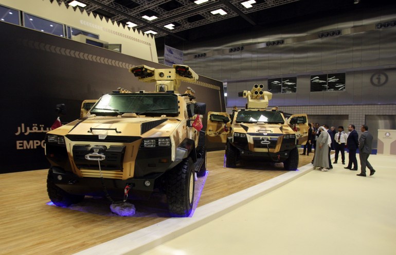 Military trucks are seen during Doha International Maritime Defence Exhibition, in Doha, Qatar, March 12, 2018. REUTERS/Naseem Zeitoon