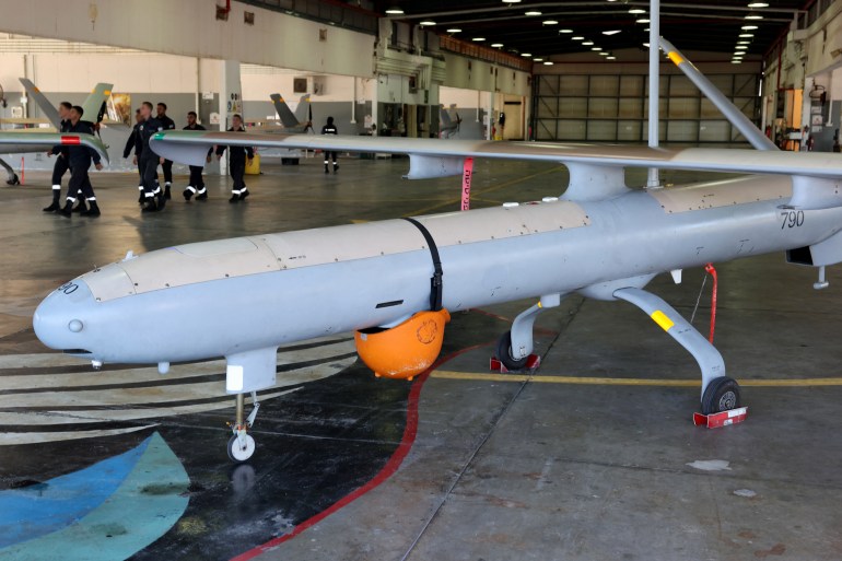 A view shows an "Elbit Hermes 450" unmanned aerial vehicle at Israel's Palmachim Air Force Base, on July 5, 2023. (Photo by JACK GUEZ / AFP)