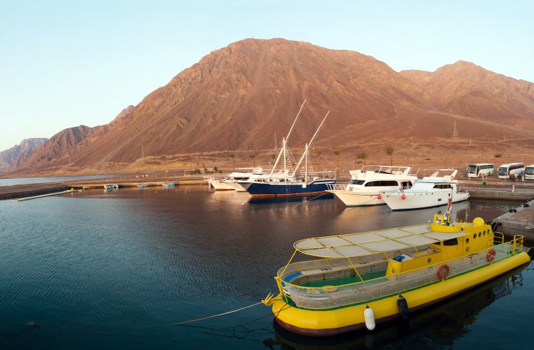 Boats and yachts are in the harbor. Taba, Egypt