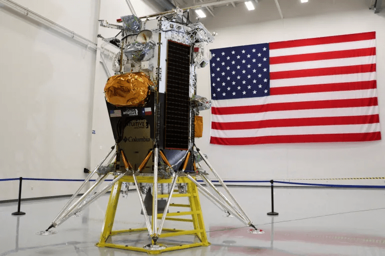 The Nova-C lunar lander designed by aerospace company Intuitive Machines is displayed at the company’s headquarters in Houston [File: Evan Garcia/Reuters]