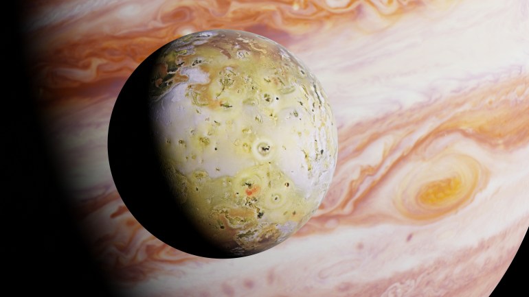 Jupiter's moon Io in front of the planet Jupiter (3d illustration, elements of this image are furnished by NASA)