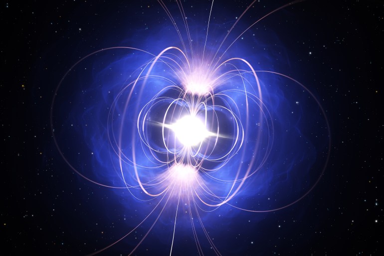 Magnetar, neutron star with extremely powerful magnetic field. 3d illustration