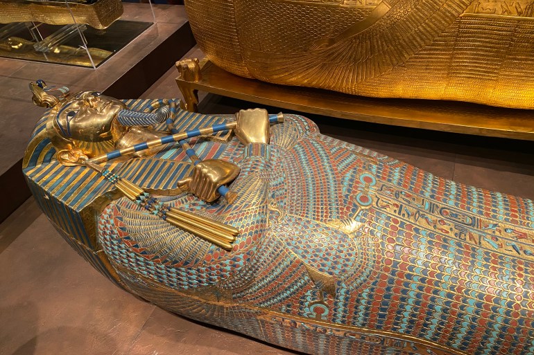 Exhibition of Tutankhamun during pandemic time. Tomb treasure of pharaoh Tutanchamun. Middle coffin shows the King enveloped in feather robe and famous gold Mask. 14.03.2021 - Oerlikon, Switzerland.