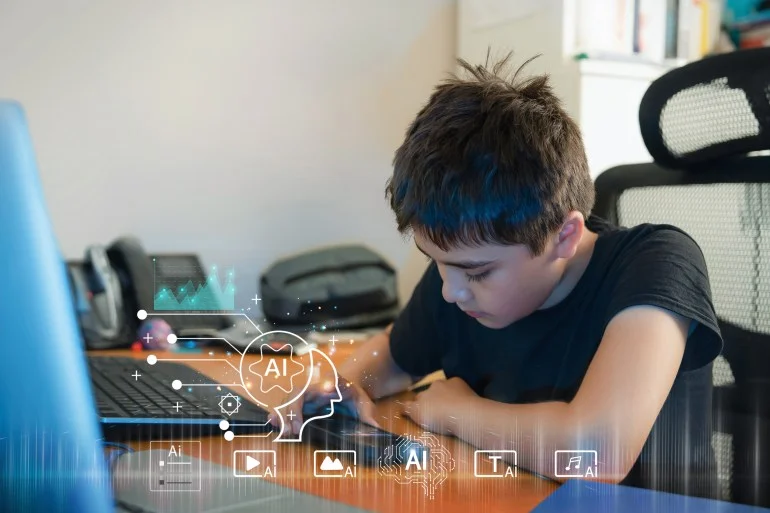 عالم بلا عمل ولا مال.. هل أصبح إيلون ماسك شيوعيا؟ Teen boy using AI chatbot on smartphone search for music educational by digital device at home,Concept digital native children,screen time awareness,hybrid learning with artificial intelligence